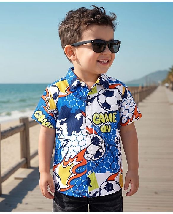 Babyhug Cotton Pique Textured Knit Half Sleeves Shirt With Football Print - Blue