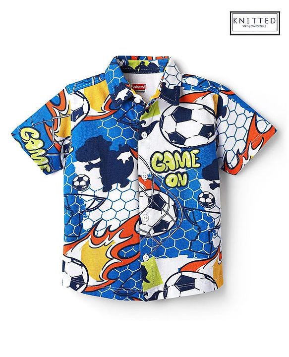 Babyhug Cotton Pique Textured Knit Half Sleeves Shirt With Football Print - Blue