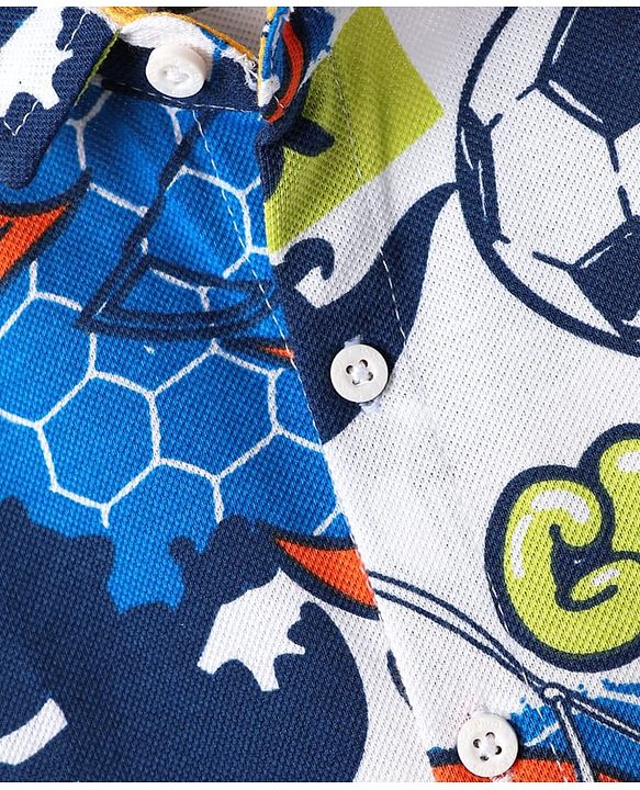 Babyhug Cotton Pique Textured Knit Half Sleeves Shirt With Football Print - Blue