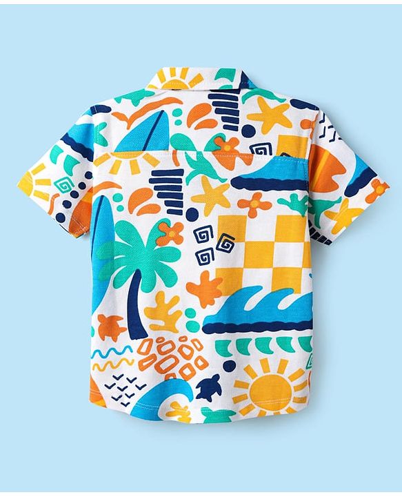 Babyhug Cotton Pique Textured Knit Half Sleeves Shirt With Abstract Print - White