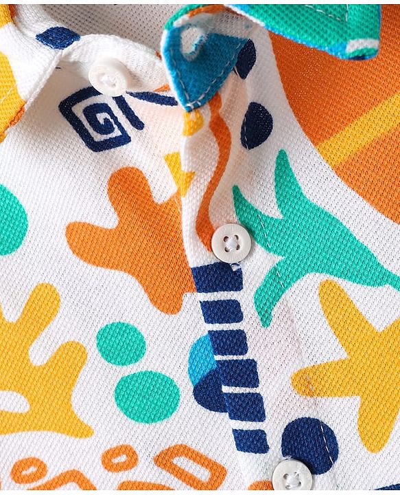 Babyhug Cotton Pique Textured Knit Half Sleeves Shirt With Abstract Print - White