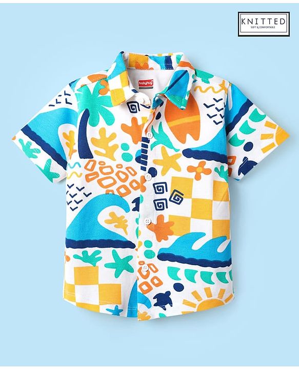 Babyhug Cotton Pique Textured Knit Half Sleeves Shirt With Abstract Print - White