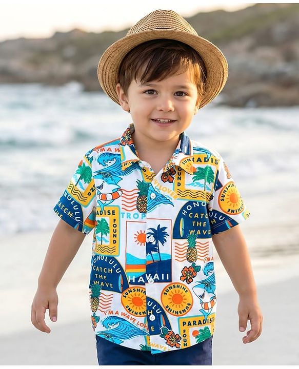 Babyhug Cotton Knit Half Sleeves Shirt With Tropical Print - White