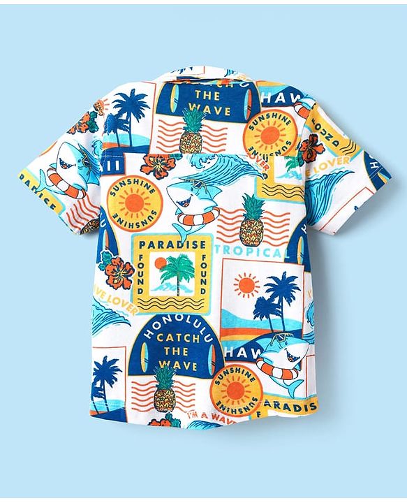 Babyhug Cotton Knit Half Sleeves Shirt With Tropical Print - White