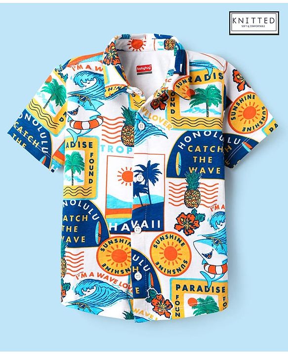 Babyhug Cotton Knit Half Sleeves Shirt With Tropical Print - White