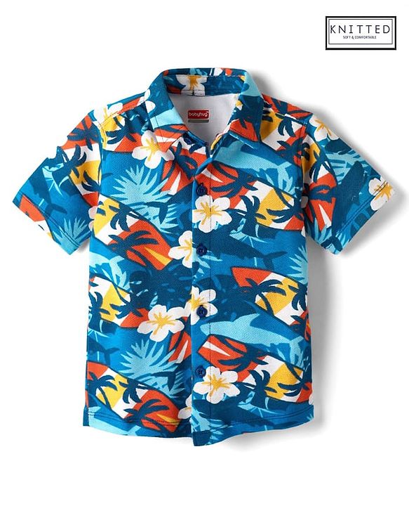 Babyhug Cotton Pique Textured Knit Half Sleeves Shirt With Floral Print - Blue