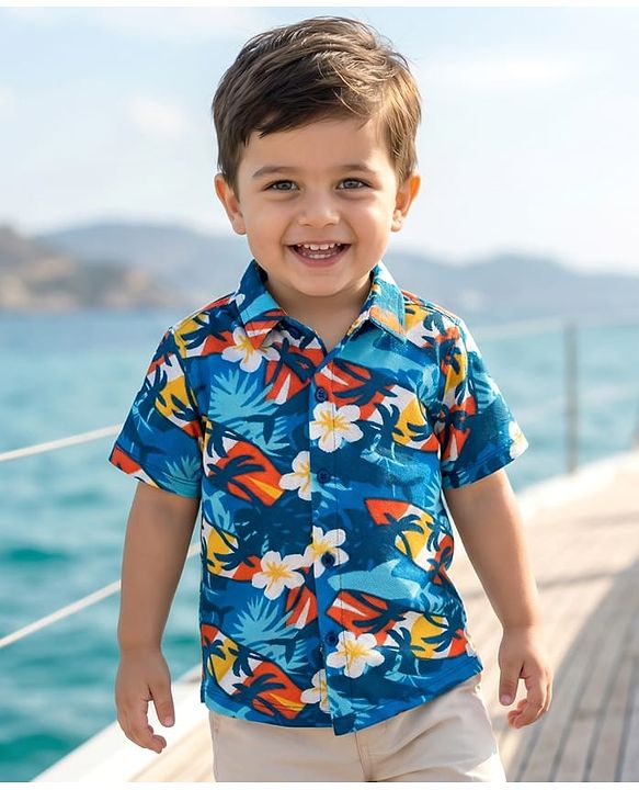 Babyhug Cotton Pique Textured Knit Half Sleeves Shirt With Floral Print - Blue