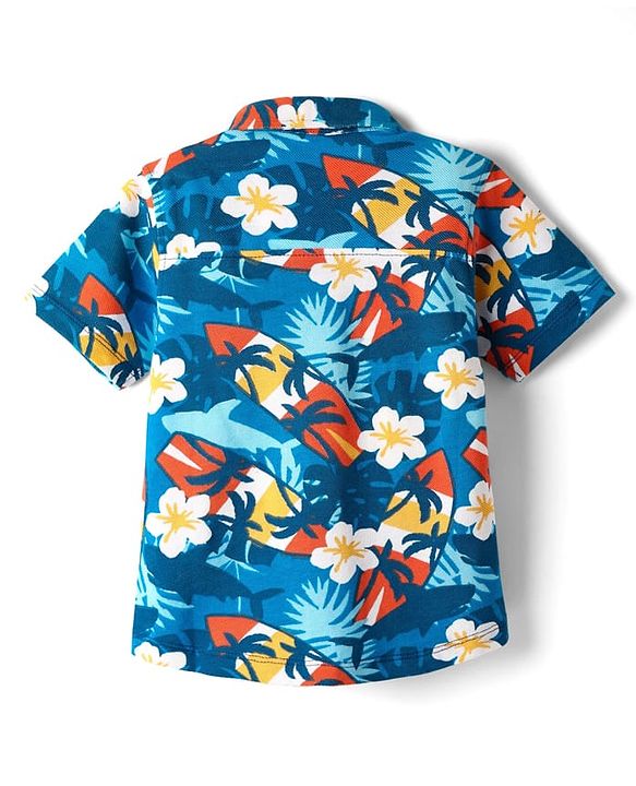Babyhug Cotton Pique Textured Knit Half Sleeves Shirt With Floral Print - Blue