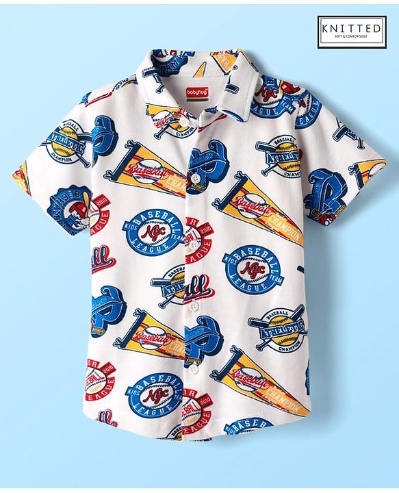Babyhug Cotton Pique Textured Knit Half Sleeves Shirt With Baseball Print - White