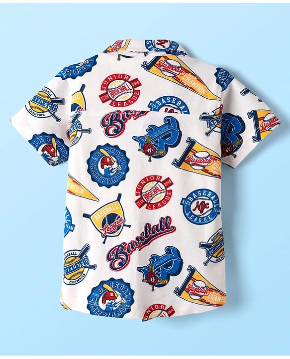 Babyhug Cotton Pique Textured Knit Half Sleeves Shirt With Baseball Print - White