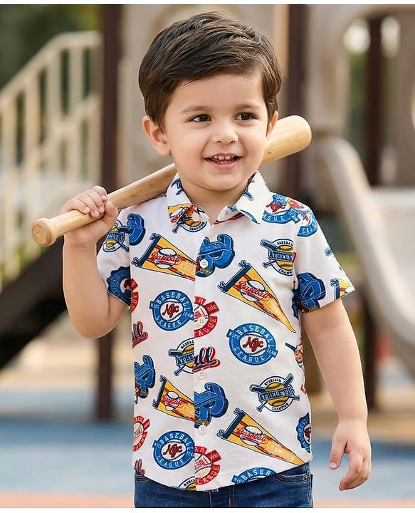 Babyhug Cotton Pique Textured Knit Half Sleeves Shirt With Baseball Print - White