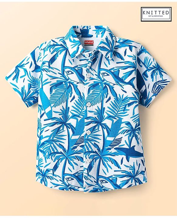 Babyhug Cotton Knit Half Sleeves Shirt With Tropical Theme - Blue