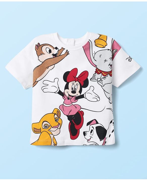 Babyhug Disney Single Jersey Knit Half Drop Shoulder Sleeves Oversized T-Shirt with Minnie Mouse & Family Graphics - White