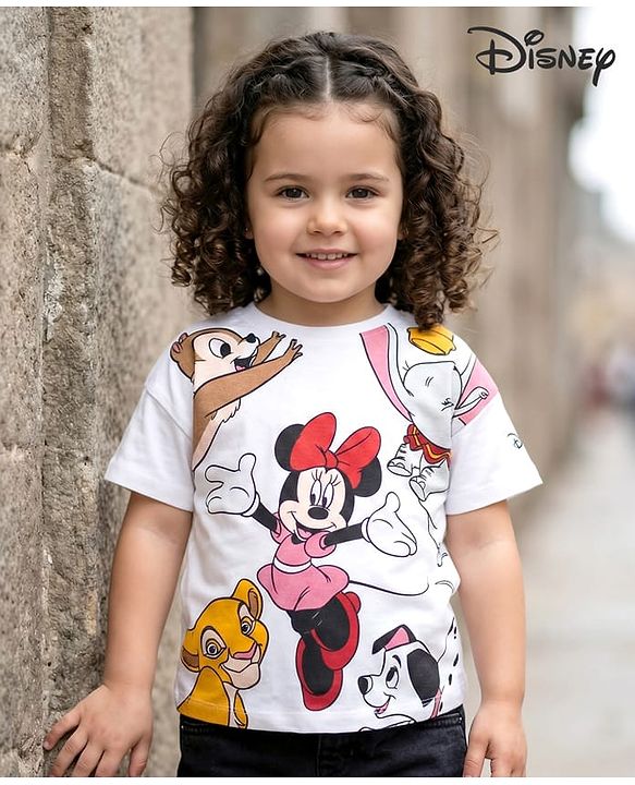 Babyhug Disney Single Jersey Knit Half Drop Shoulder Sleeves Oversized T-Shirt with Minnie Mouse & Family Graphics - White