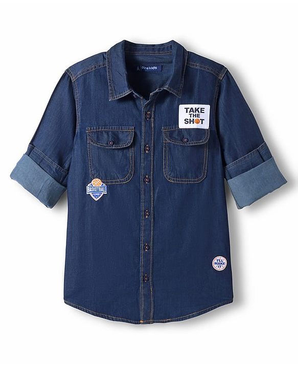 Pine Kids Denim Woven Full Sleeves Washed Shirt with Patch Detailing - Navy Blue