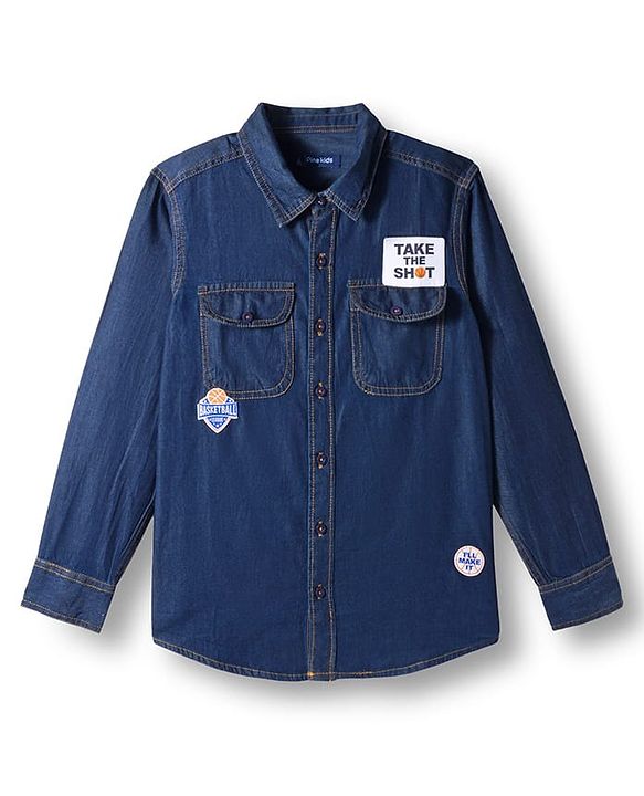 Pine Kids Denim Woven Full Sleeves Washed Shirt with Patch Detailing - Navy Blue