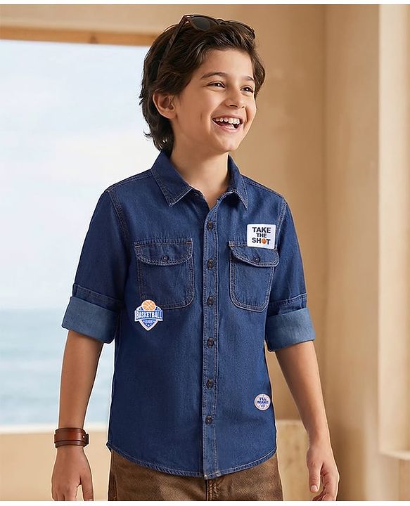 Pine Kids Denim Woven Full Sleeves Washed Shirt with Patch Detailing - Navy Blue