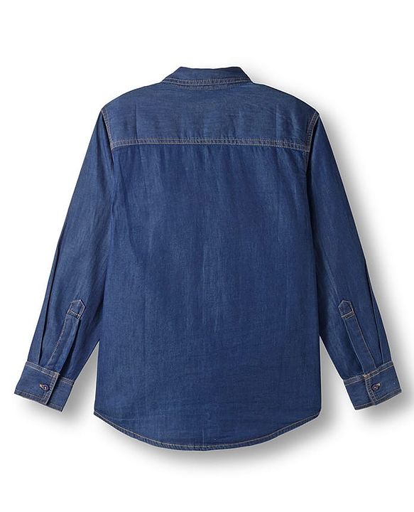 Pine Kids Denim Woven Full Sleeves Washed Shirt with Patch Detailing - Navy Blue