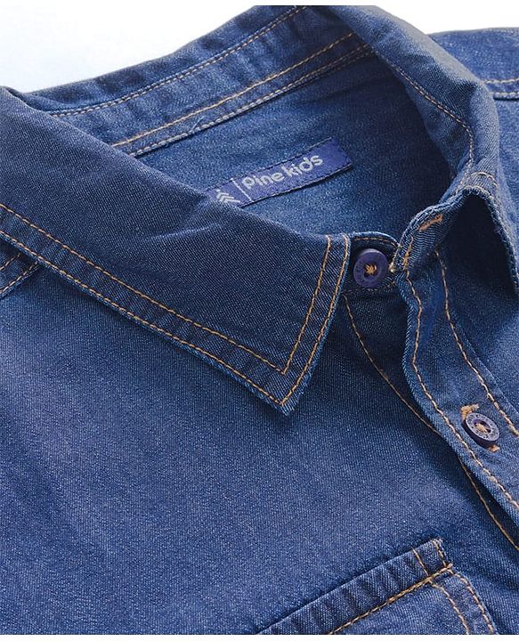 Pine Kids Denim Woven Full Sleeves Washed Shirt with Patch Detailing - Navy Blue