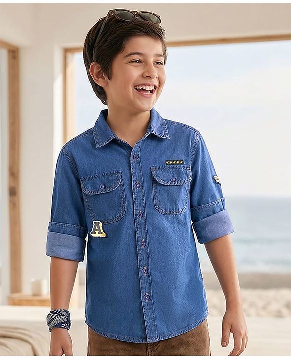 Pine Kids Woven Full Sleeves Washed Shirt with Text Applique - Blue