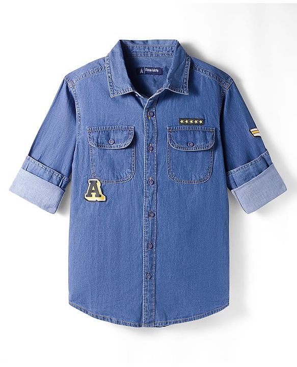 Pine Kids Woven Full Sleeves Washed Shirt with Text Applique - Blue