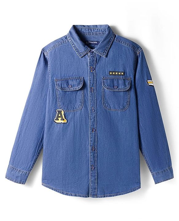 Pine Kids Woven Full Sleeves Washed Shirt with Text Applique - Blue