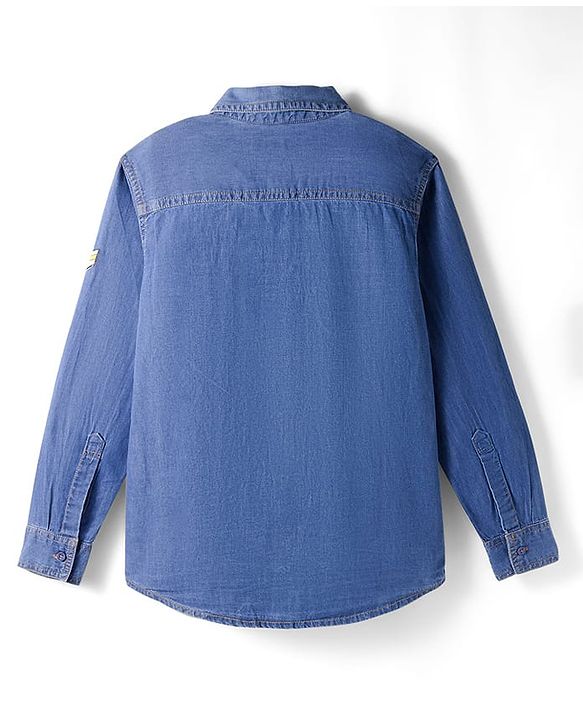Pine Kids Woven Full Sleeves Washed Shirt with Text Applique - Blue