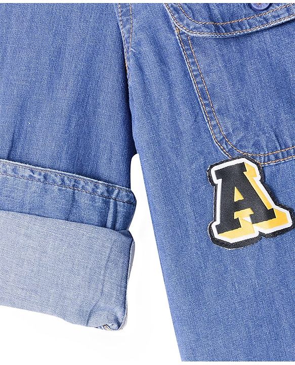 Pine Kids Woven Full Sleeves Washed Shirt with Text Applique - Blue