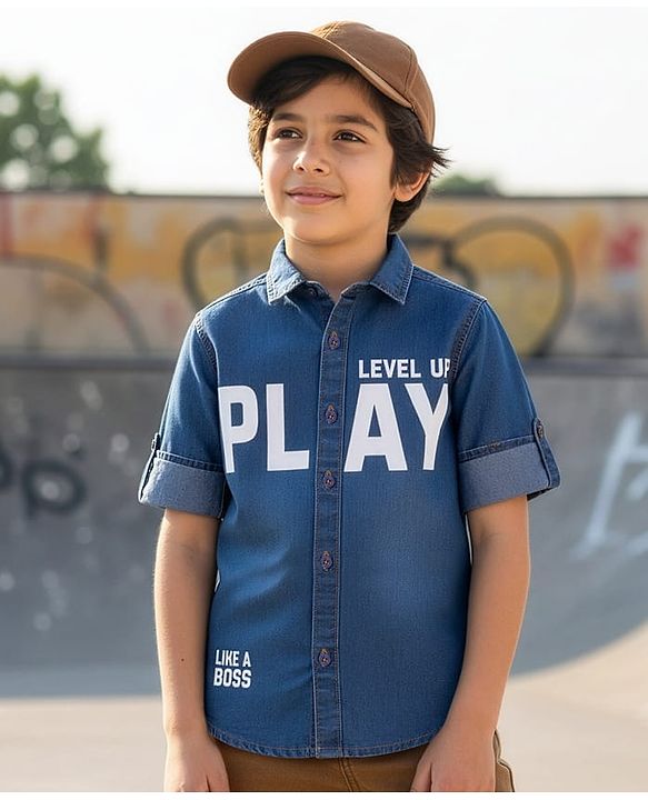 Pine Kids Denim Woven Full Sleeves Shirt With Text Print - Blue