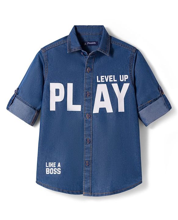 Pine Kids Denim Woven Full Sleeves Shirt With Text Print - Blue