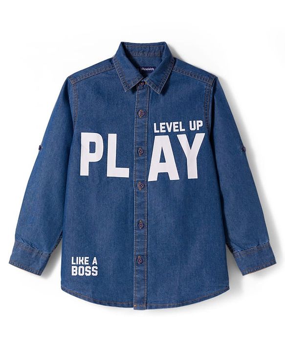 Pine Kids Denim Woven Full Sleeves Shirt With Text Print - Blue