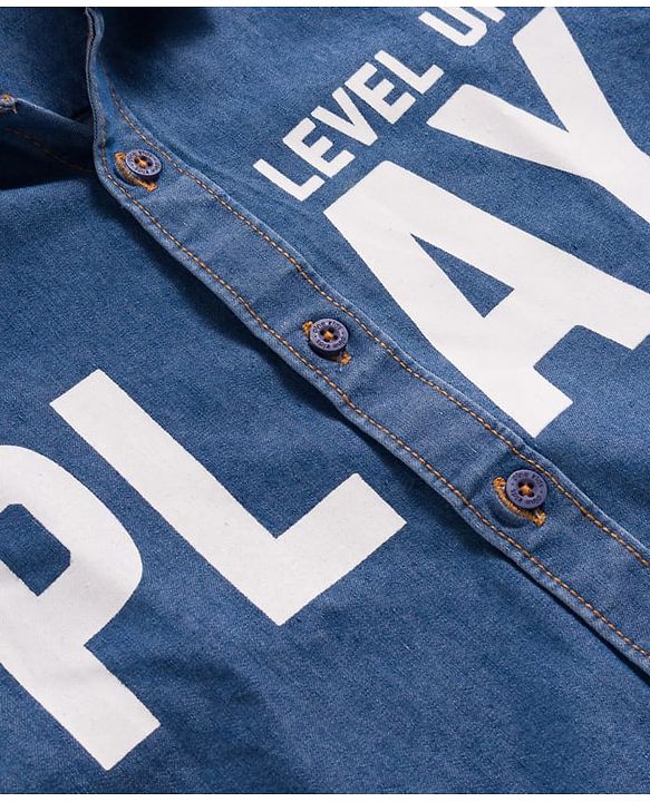 Pine Kids Denim Woven Full Sleeves Shirt With Text Print - Blue