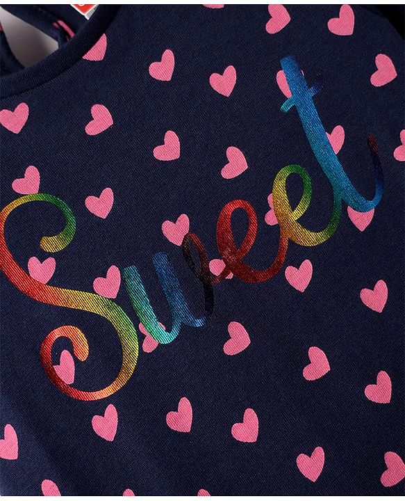 Babyhug Cotton Knit Half  Sleeves Nighty With Heart Print - Navy Blue