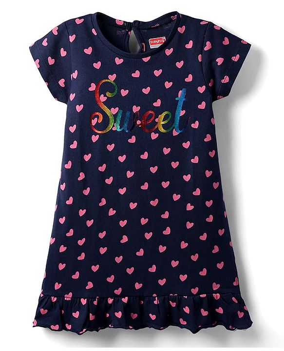 Babyhug Cotton Knit Half  Sleeves Nighty With Heart Print - Navy Blue