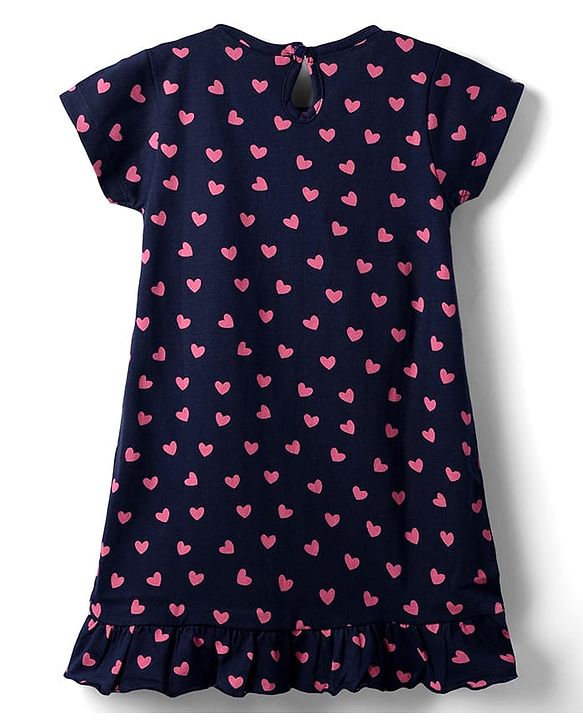Babyhug Cotton Knit Half  Sleeves Nighty With Heart Print - Navy Blue