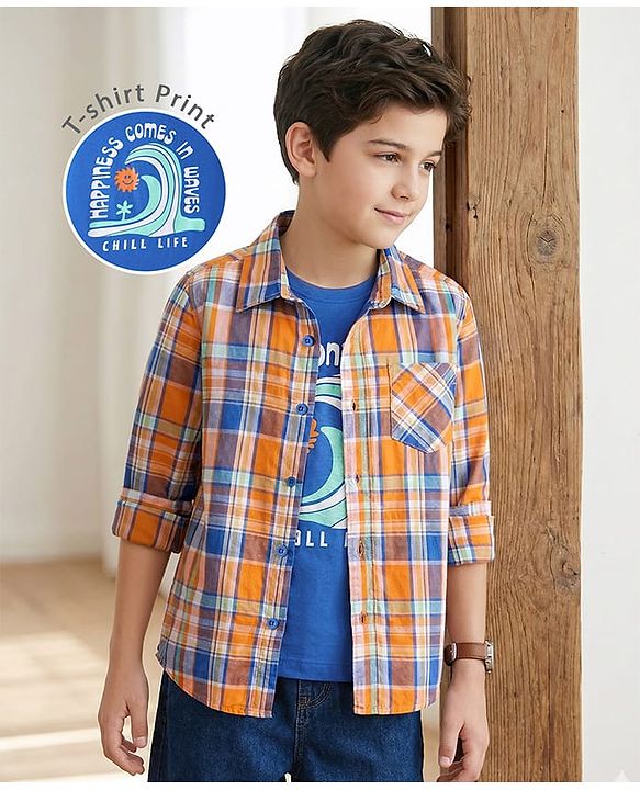 Pine Kids Cotton Woven Full Sleeves Checkered Shirt With T-Shirt - Orange