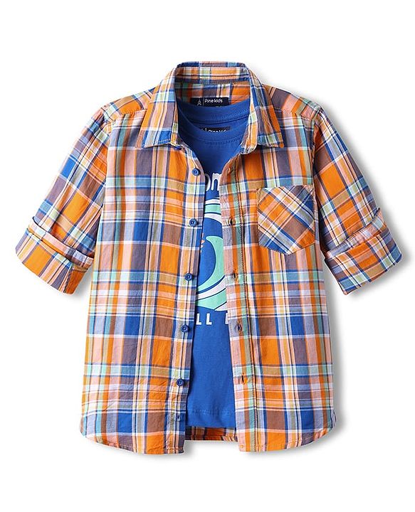 Pine Kids Cotton Woven Full Sleeves Checkered Shirt With T-Shirt - Orange