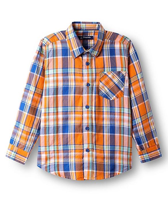 Pine Kids Cotton Woven Full Sleeves Checkered Shirt With T-Shirt - Orange