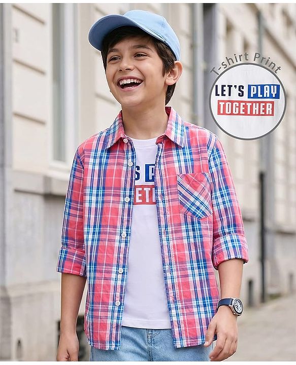 Pine Kids Cotton Woven Full Sleeves Checkered Shirt With T-Shirt - Multicolour