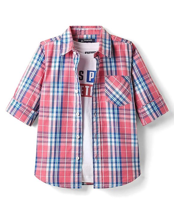 Pine Kids Cotton Woven Full Sleeves Checkered Shirt With T-Shirt - Multicolour
