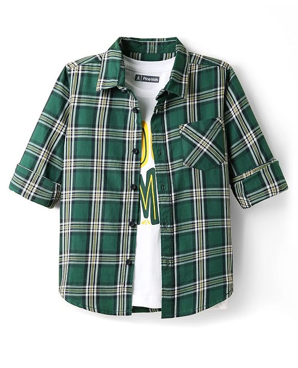 Pine Kids Cotton Woven Full Sleeves Checkered Shirt With T-Shirt - Green