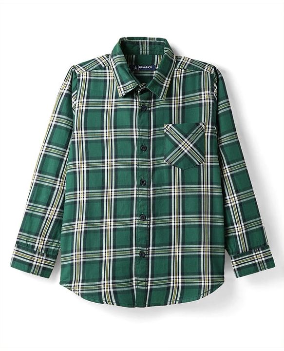Pine Kids Cotton Woven Full Sleeves Checkered Shirt With T-Shirt - Green