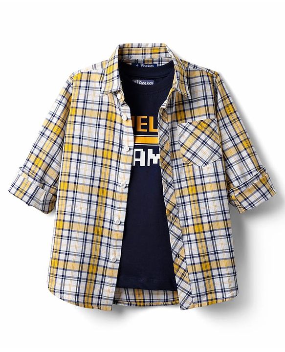 Pine Kids 100% Cotton Full Length Checks Shirts With Text Printed Tank T-Shirt - Yellow & Navy Blue