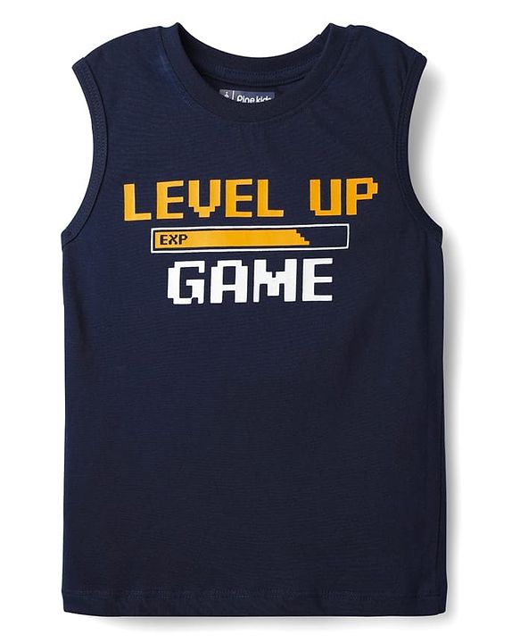 Pine Kids 100% Cotton Full Length Checks Shirts With Text Printed Tank T-Shirt - Yellow & Navy Blue
