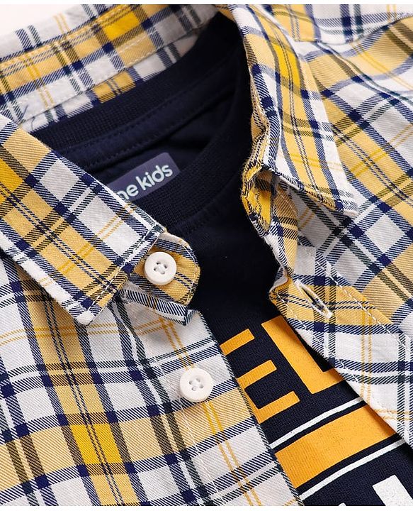 Pine Kids 100% Cotton Full Length Checks Shirts With Text Printed Tank T-Shirt - Yellow & Navy Blue