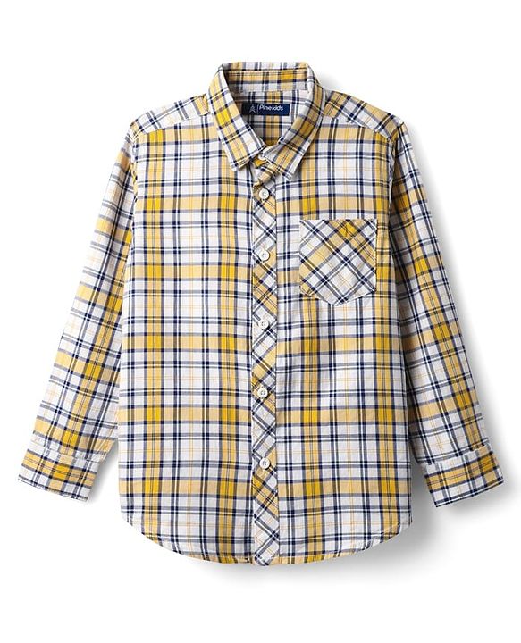 Pine Kids 100% Cotton Full Length Checks Shirts With Text Printed Tank T-Shirt - Yellow & Navy Blue