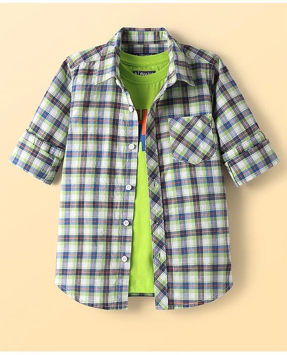Pine Kids Cotton Woven Full Sleeves Checks Shirt With T-Shirt - Multicolour