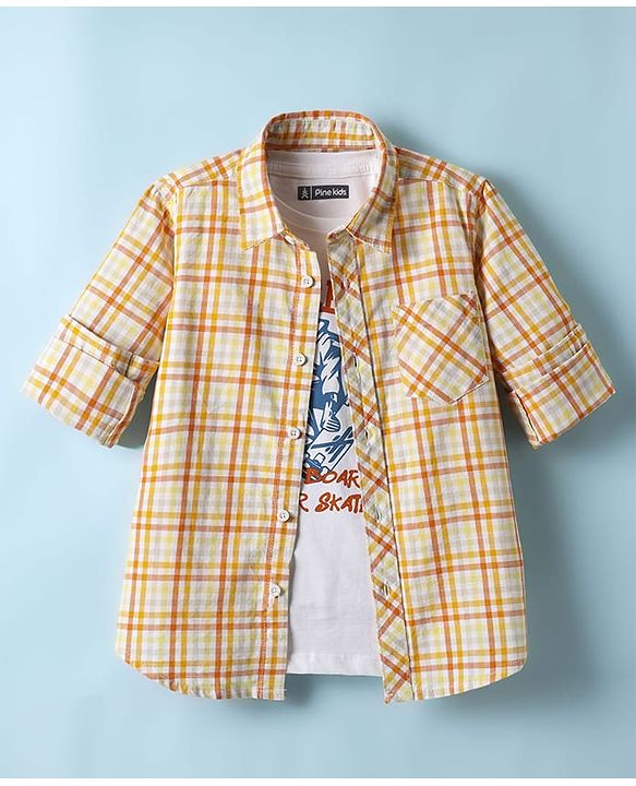 Pine Kids 100% Cotton Full Sleeves Checks Shirt With Text Printed Tank T-Shirt - Yellow & White