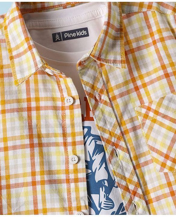 Pine Kids 100% Cotton Full Sleeves Checks Shirt With Text Printed Tank T-Shirt - Yellow & White