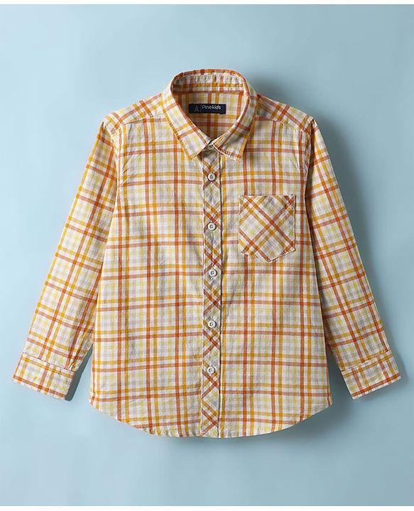 Pine Kids 100% Cotton Full Sleeves Checks Shirt With Text Printed Tank T-Shirt - Yellow & White